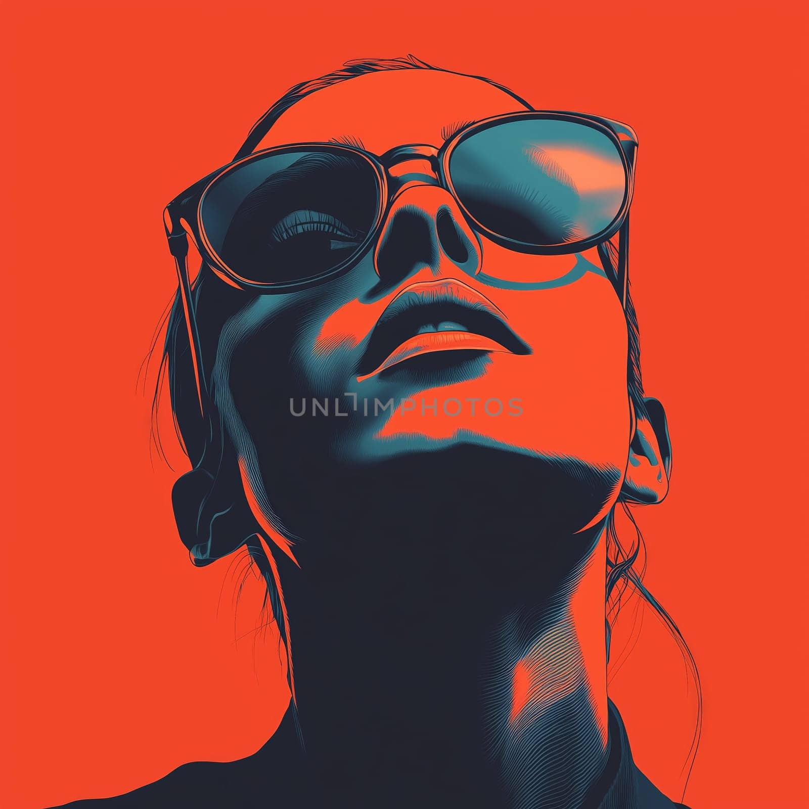 A striking abstract portrait of a woman wearing sunglasses, rendered in bold and vibrant color contrasts with a red background.