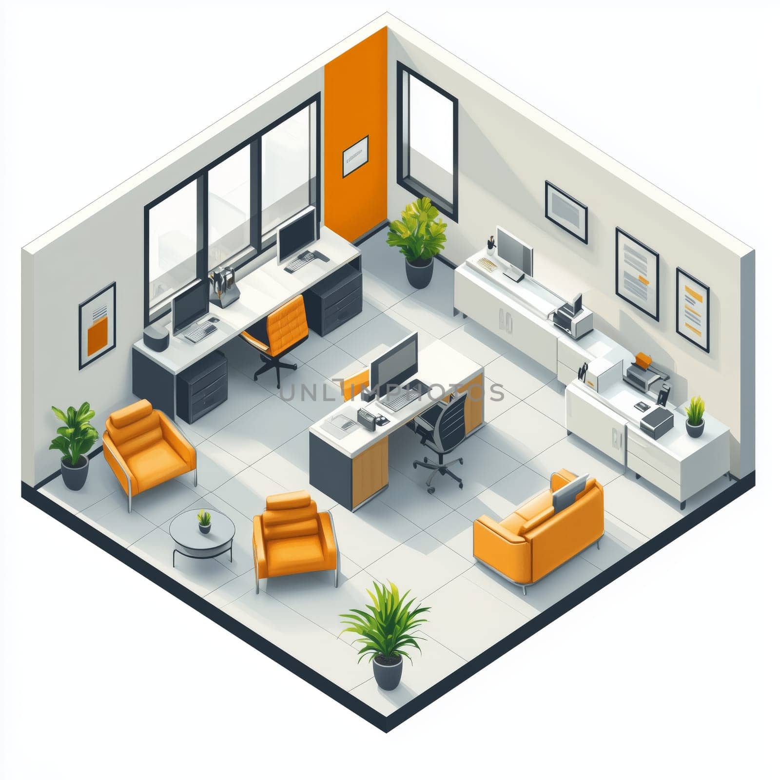 Illustration of a modern office setup featuring sleek furniture, shelves, indoor plants, and large windows, creating a professional and stylish atmosphere.
