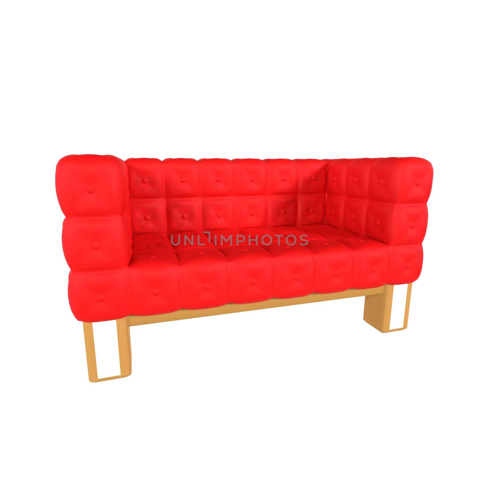 A stylish red sofa with a tufted design and wooden legs displayed in 3D rendering.