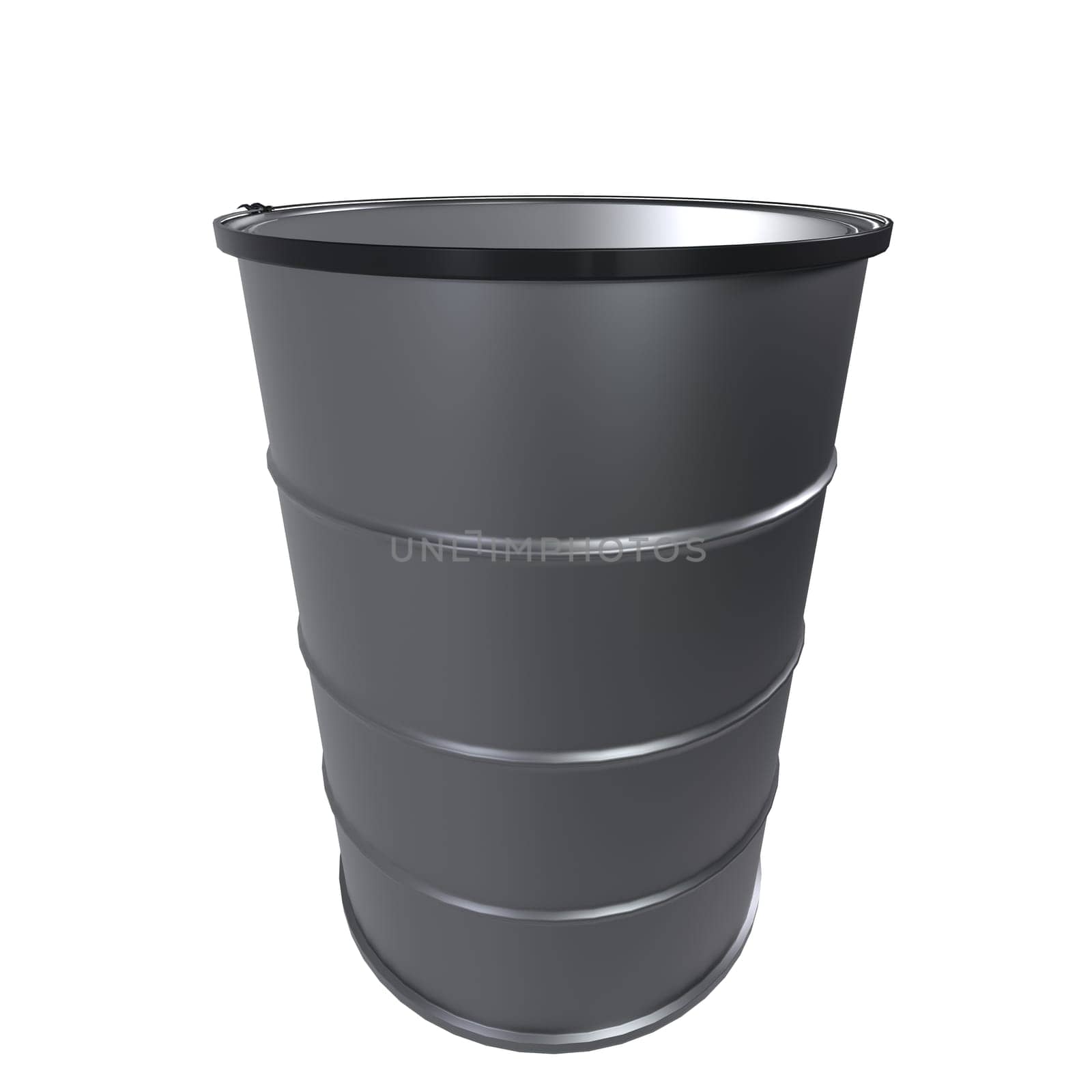The cylindrical metal container is designed with a smooth surface and a wide top, ready for use.