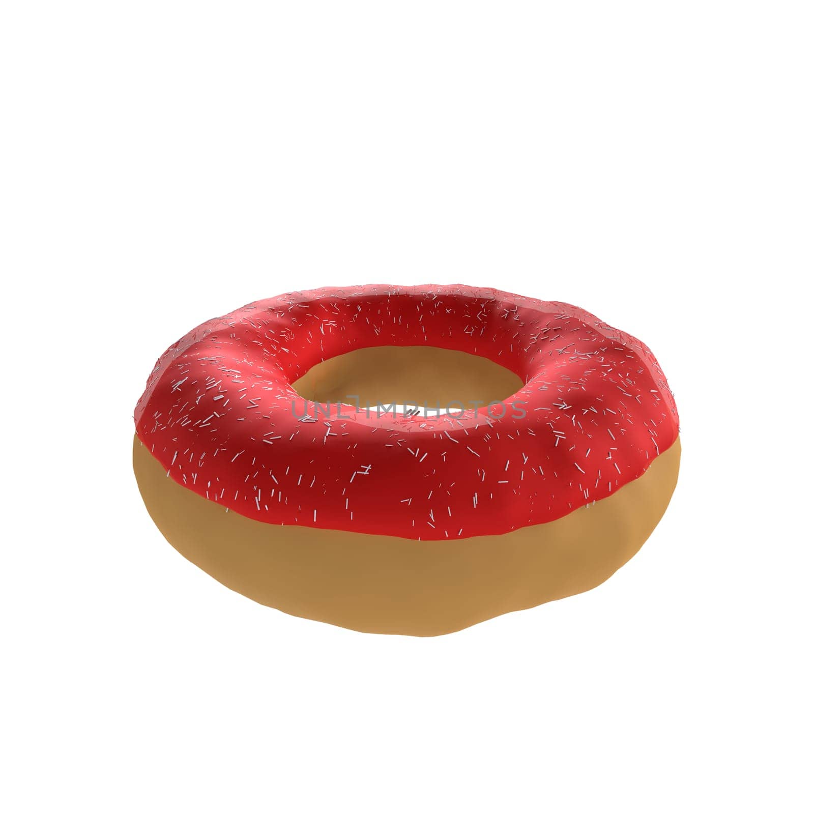 Bright red frosted donut with colorful sprinkles resting on a flat surface.