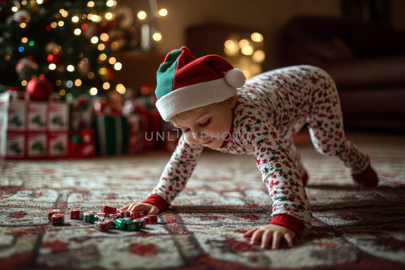 Boy in pajamas and Santa hat opening presents in the morning Christmas