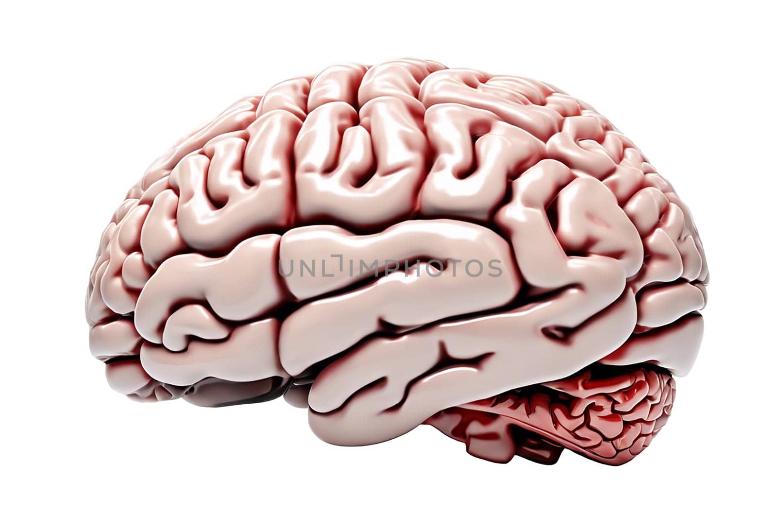 Pink human brain isolated in transparent background - Generative AI