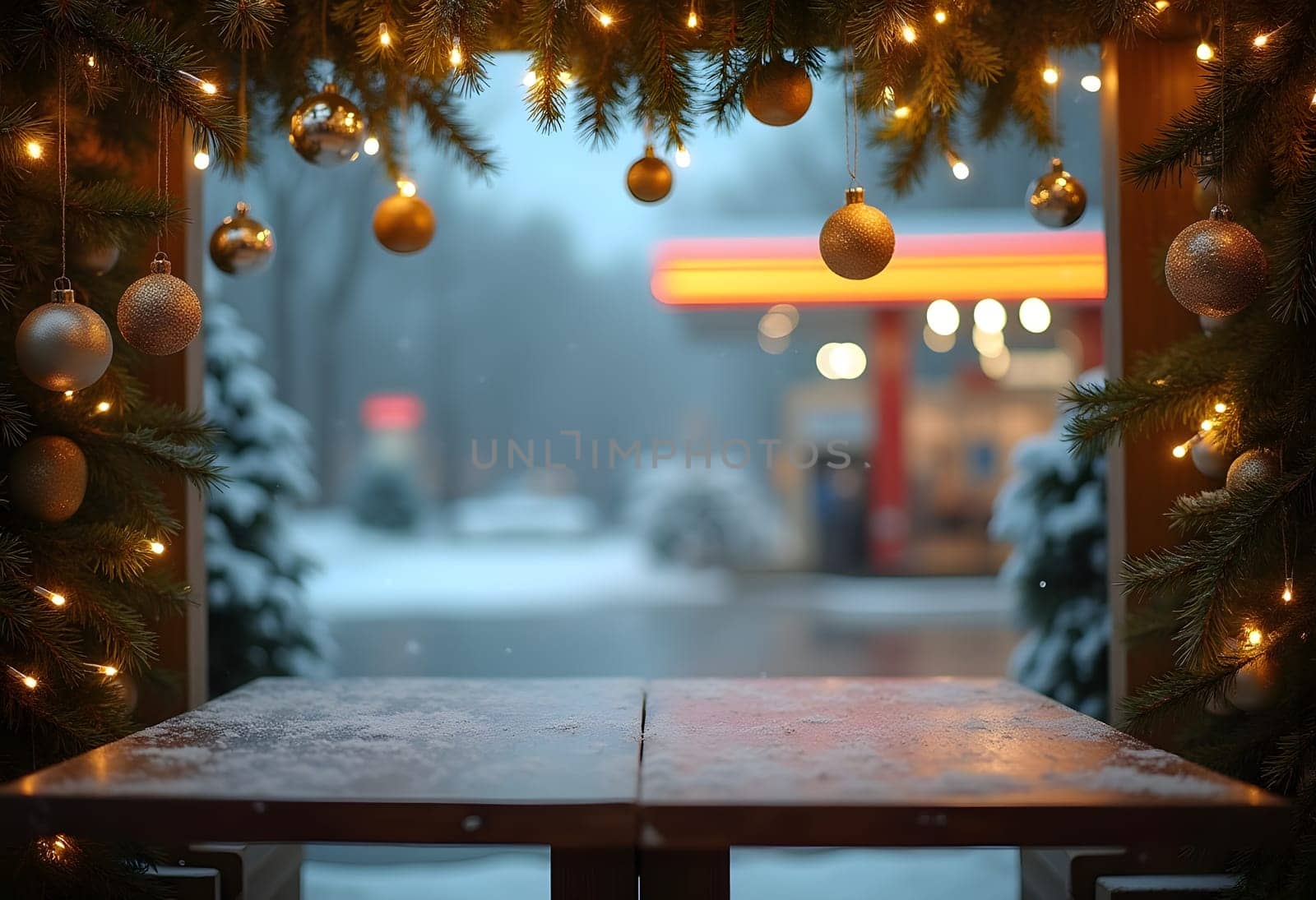 A charming holiday scene featuring a gas station on Christmas Eve, with a view of the street and an empty wooden table in the foreground. The table is beautifully decorated with fir branches, garlands, and shimmering gold Christmas ornaments, creating a warm and inviting atmosphere that blends festive cheer with the everyday setting of a gas station
