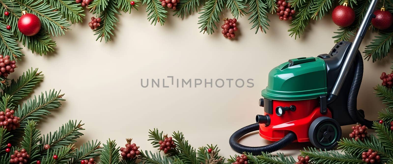 Vacuum cleaner with fir branches, ornaments, and lights for a festive Christmas feel