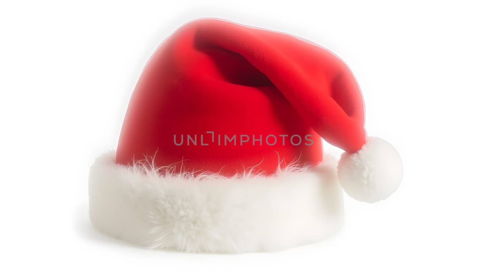 A classic red Santa hat with fluffy white trim, fully isolated on a plain background, showing off its softness and festive flair. Ideal for holiday themes and Christmas cheer