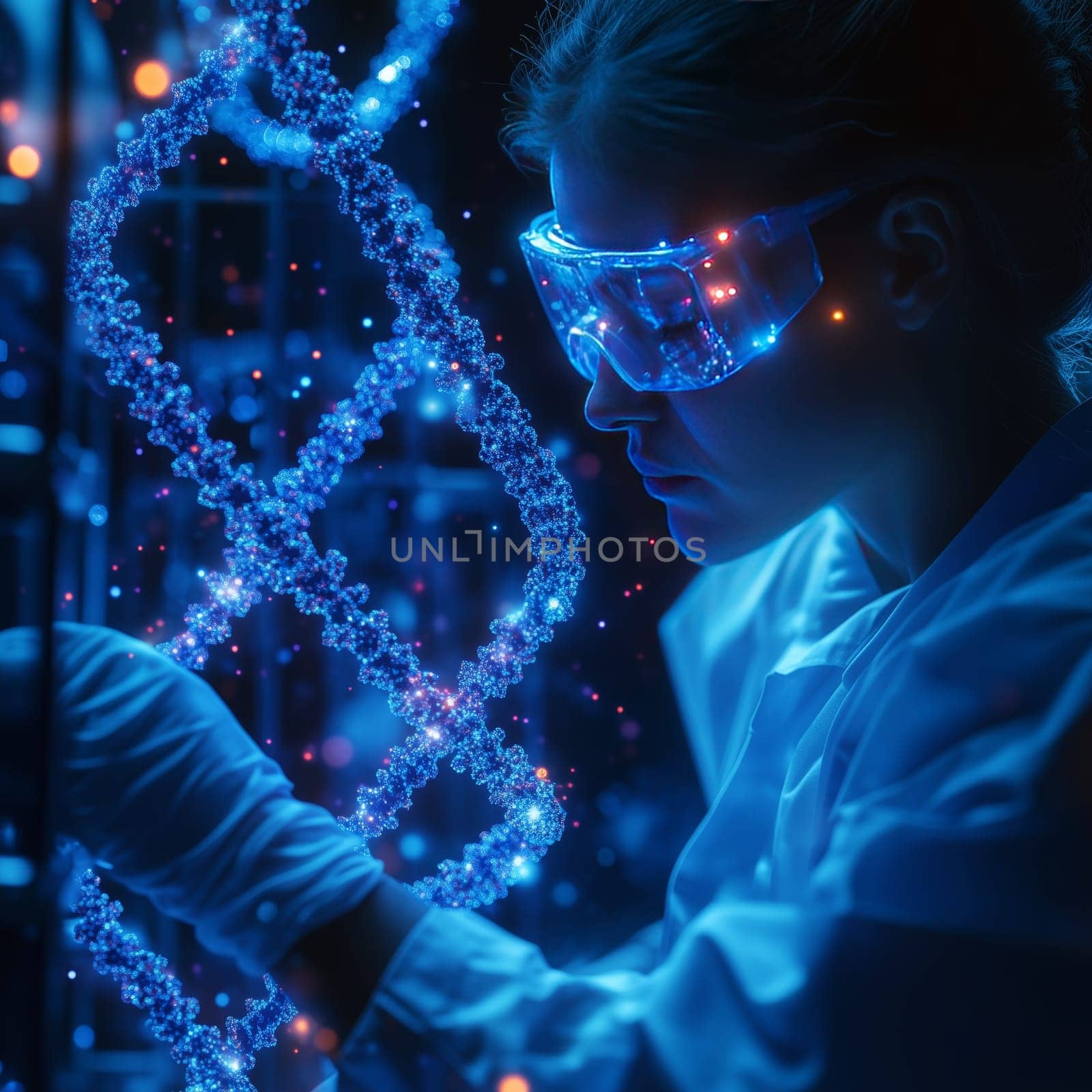 A focused female scientist wearing goggles examines a glowing DNA helix in a futuristic laboratory, symbolizing genetic research and biotechnology.
