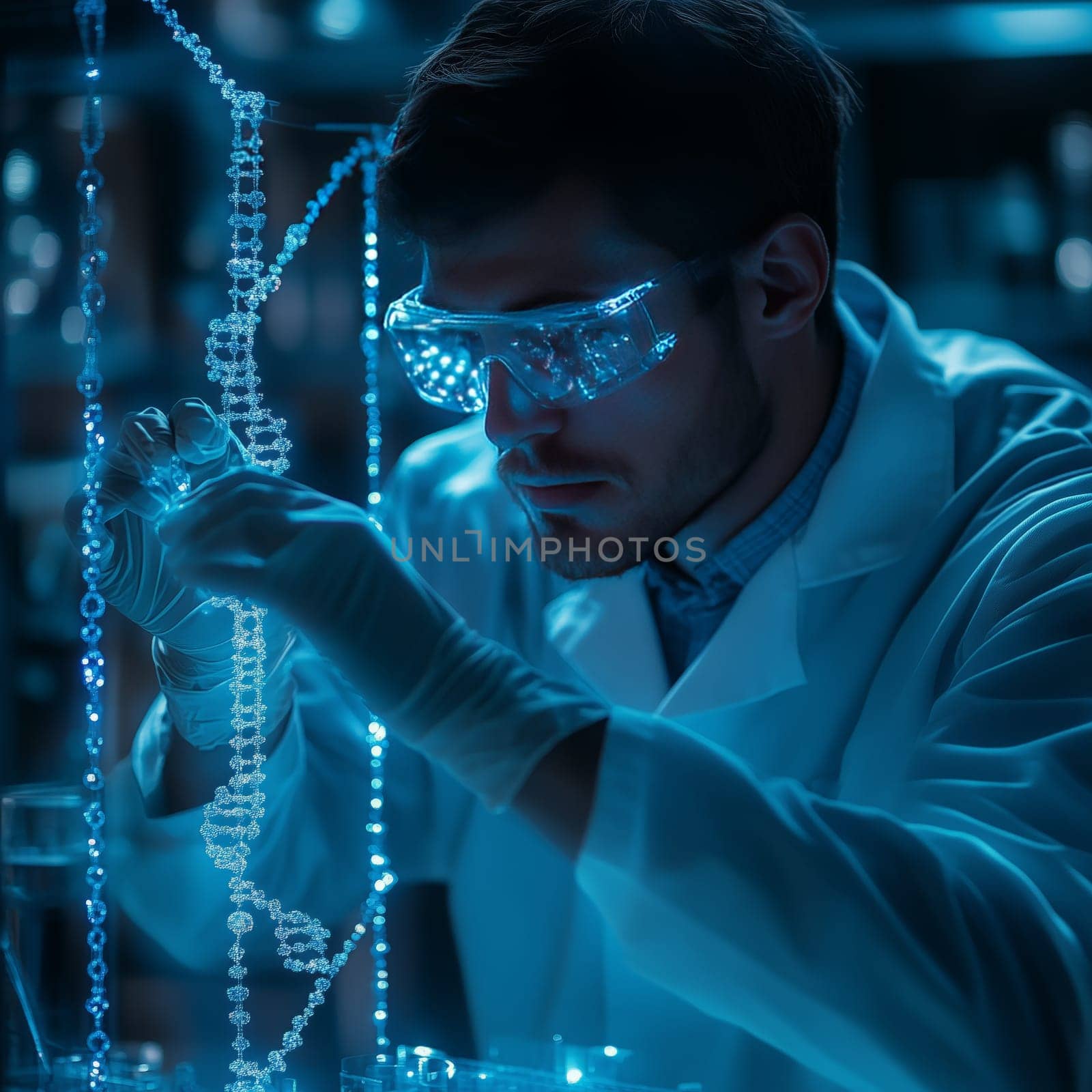 A focused scientist in a lab coat and goggles examining a glowing DNA helix in a futuristic laboratory setting, representing biotechnology and genetic research.