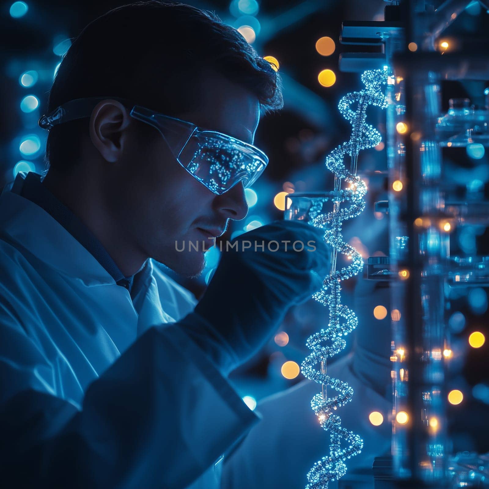 A focused scientist in a lab coat and goggles examining a glowing DNA helix in a futuristic laboratory setting, representing biotechnology and genetic research.