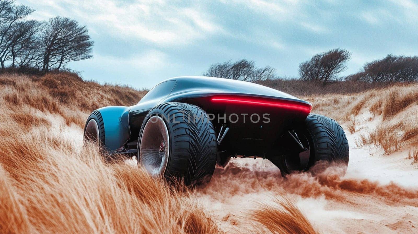 Futuristic electric suv is speeding through sand dunes on a beach, kicking up a cloud of dust as it navigates the challenging terrain