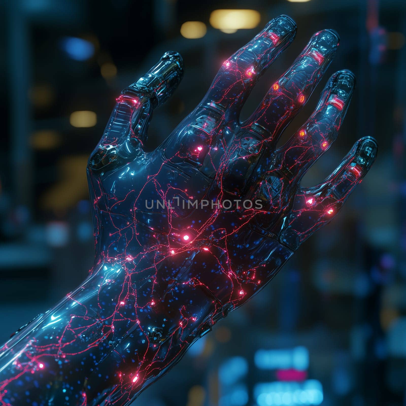 Close-up of a high-tech robotic hand with illuminated circuits, symbolizing advanced technology and artificial intelligence in a futuristic setting.