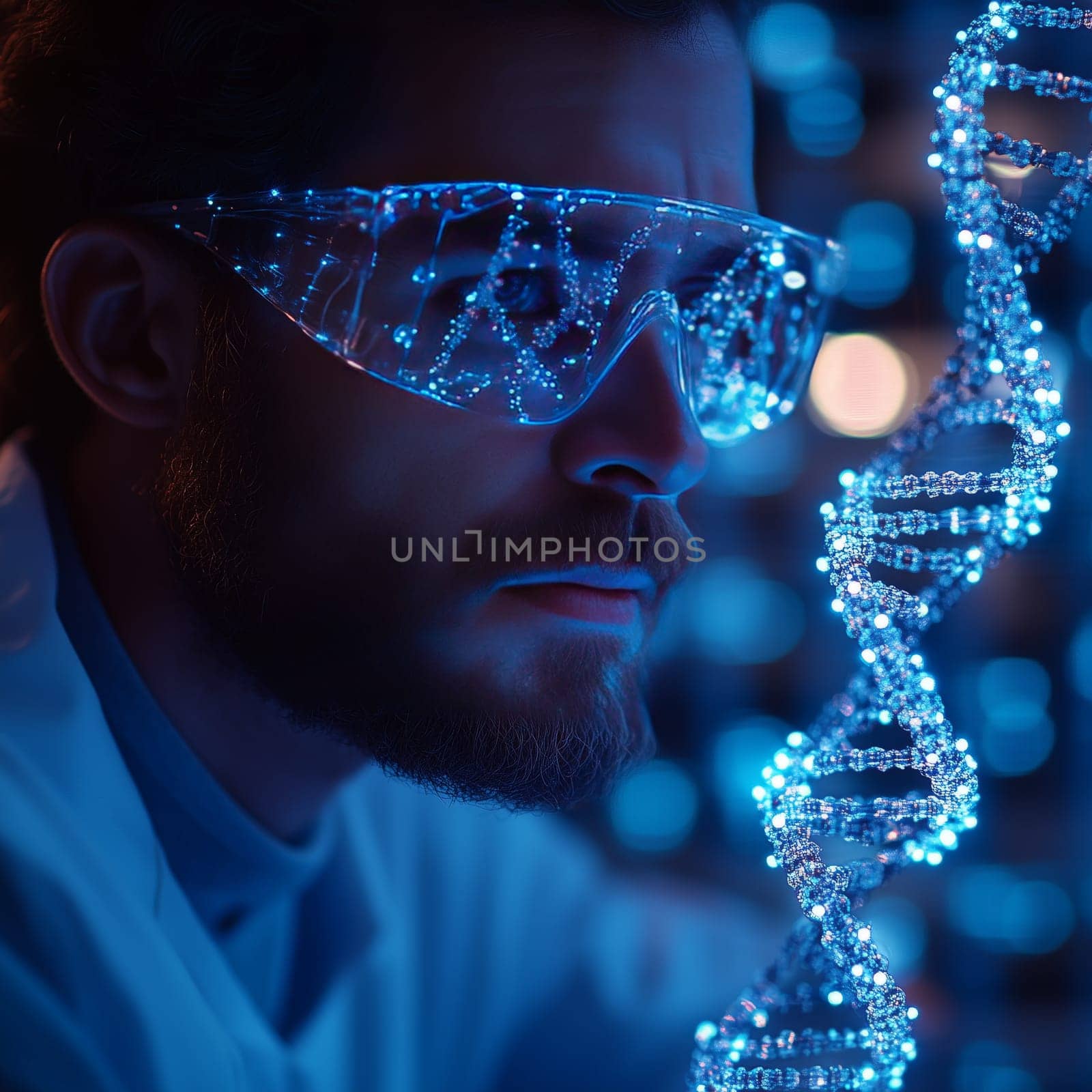 A focused scientist in a lab coat and goggles examining a glowing DNA helix in a futuristic laboratory setting, representing biotechnology and genetic research.