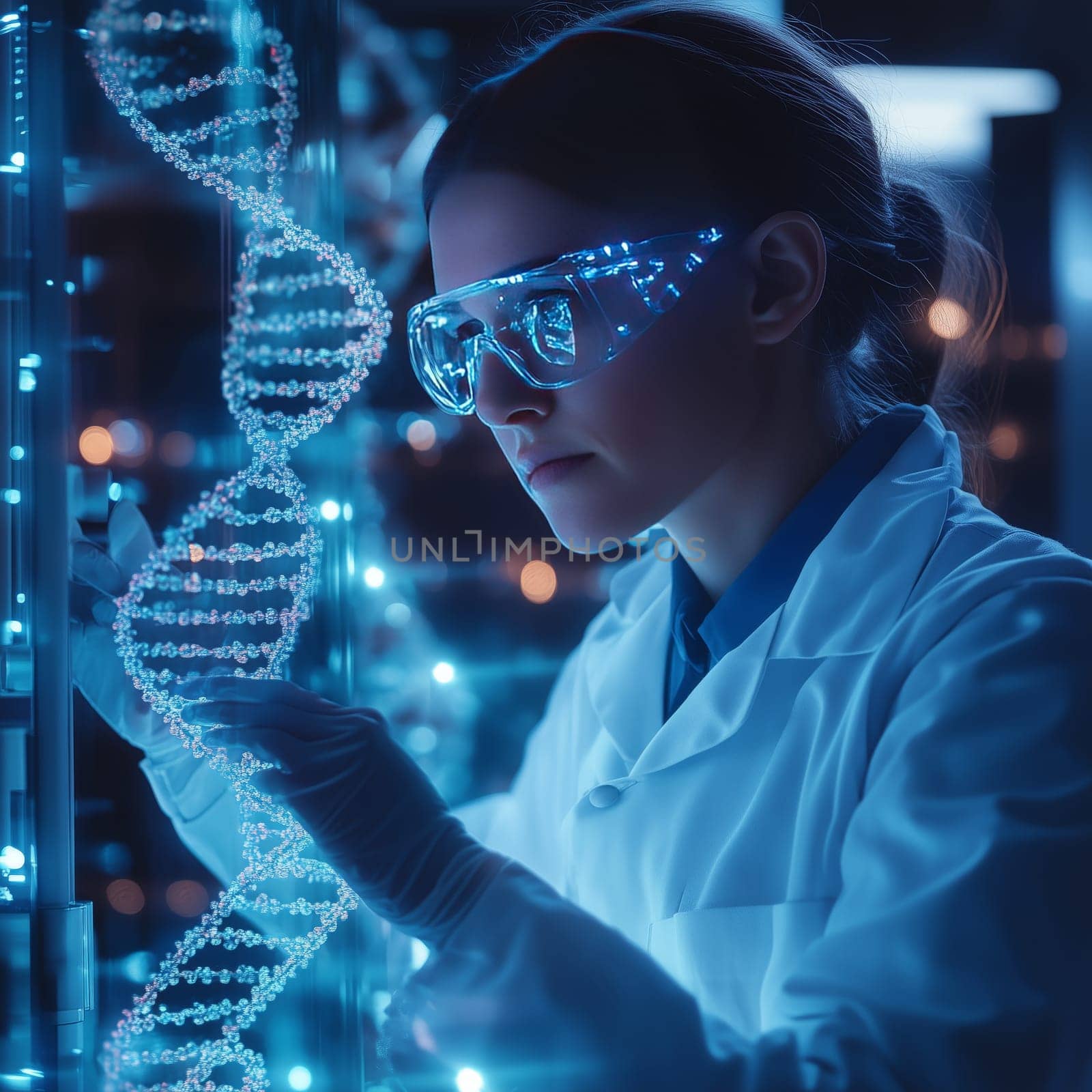 A focused female scientist wearing goggles examines a glowing DNA helix in a futuristic laboratory, symbolizing genetic research and biotechnology.