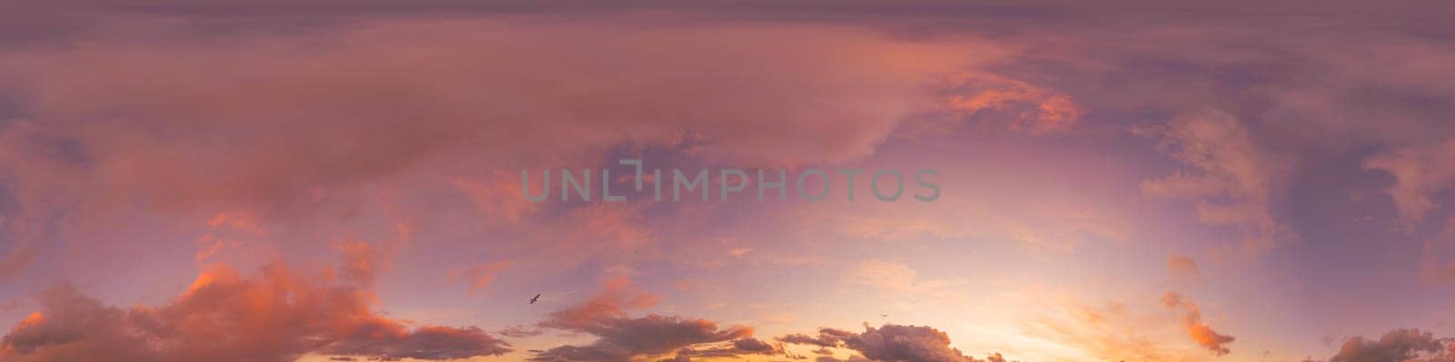 Bright sunset sky panorama with Cirrus clouds. Seamless hdr spherical equirectangular 360 panorama. Sky dome or zenith for 3D visualization, game and sky replacement for aerial drone 360 panoramas.