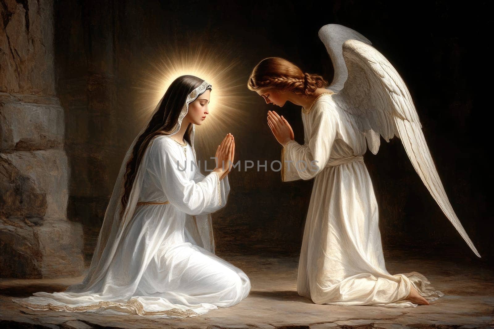 Annunciation of Blessed Virgin Mary: divine message, Archangel Gabriel, sacred encounter, holy vision, spiritual revelation, celestial messenger, blessed moment, faith obedience, heavenly dialogue