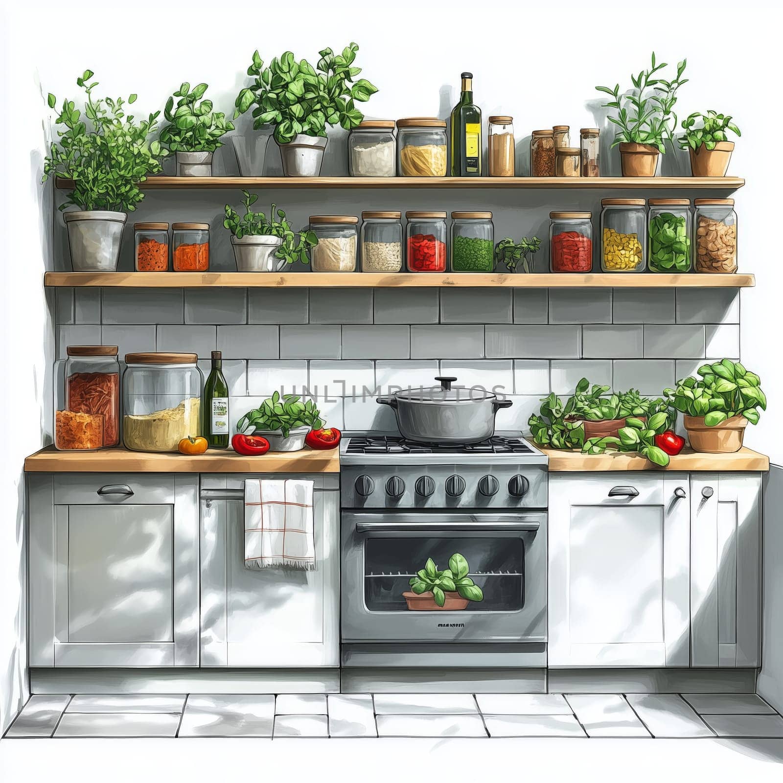 Illustration of a bright, cozy kitchen featuring potted herbs and plants on wooden shelves, creating a natural and inviting atmosphere.