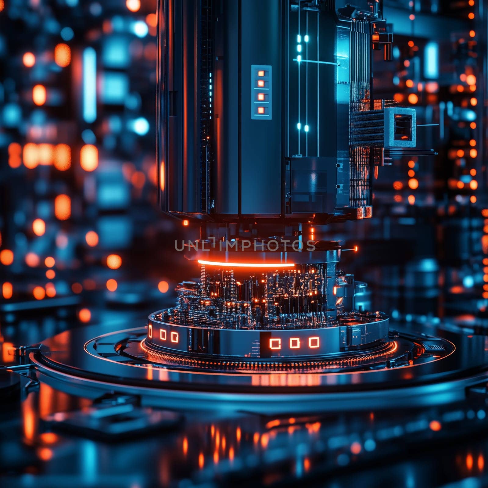 High-tech futuristic circuit board illuminated with vibrant orange and blue lights, showcasing a sci-fi inspired design and technological innovation.