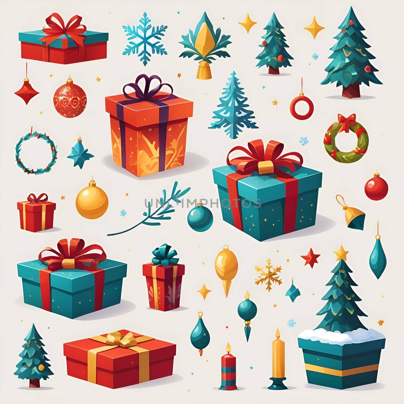 Christmas background. Set of icons on the theme of Christmas and New Year. Snowflakes, gifts, Christmas trees Santa Claus