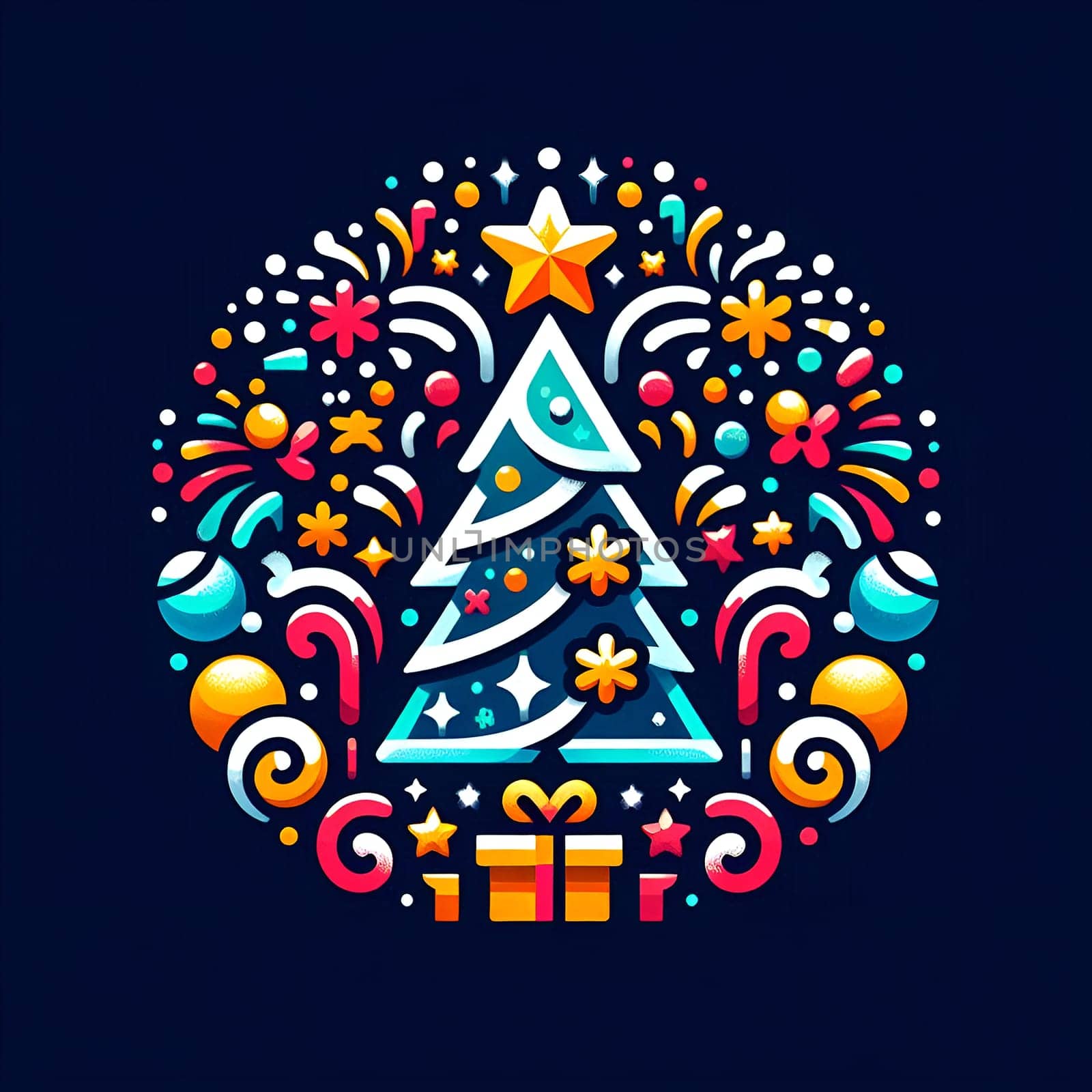 Logo on a dark bast background, which depicts a Christmas tree with many fireworks around it. Under the tree there are gifts