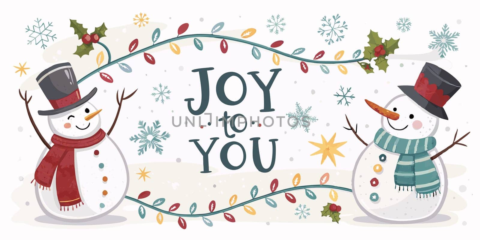 The words Joy to You are centered on the card, framed by whimsical snowmen, snowflakes, and holiday garlands, creating a playful and festive design.