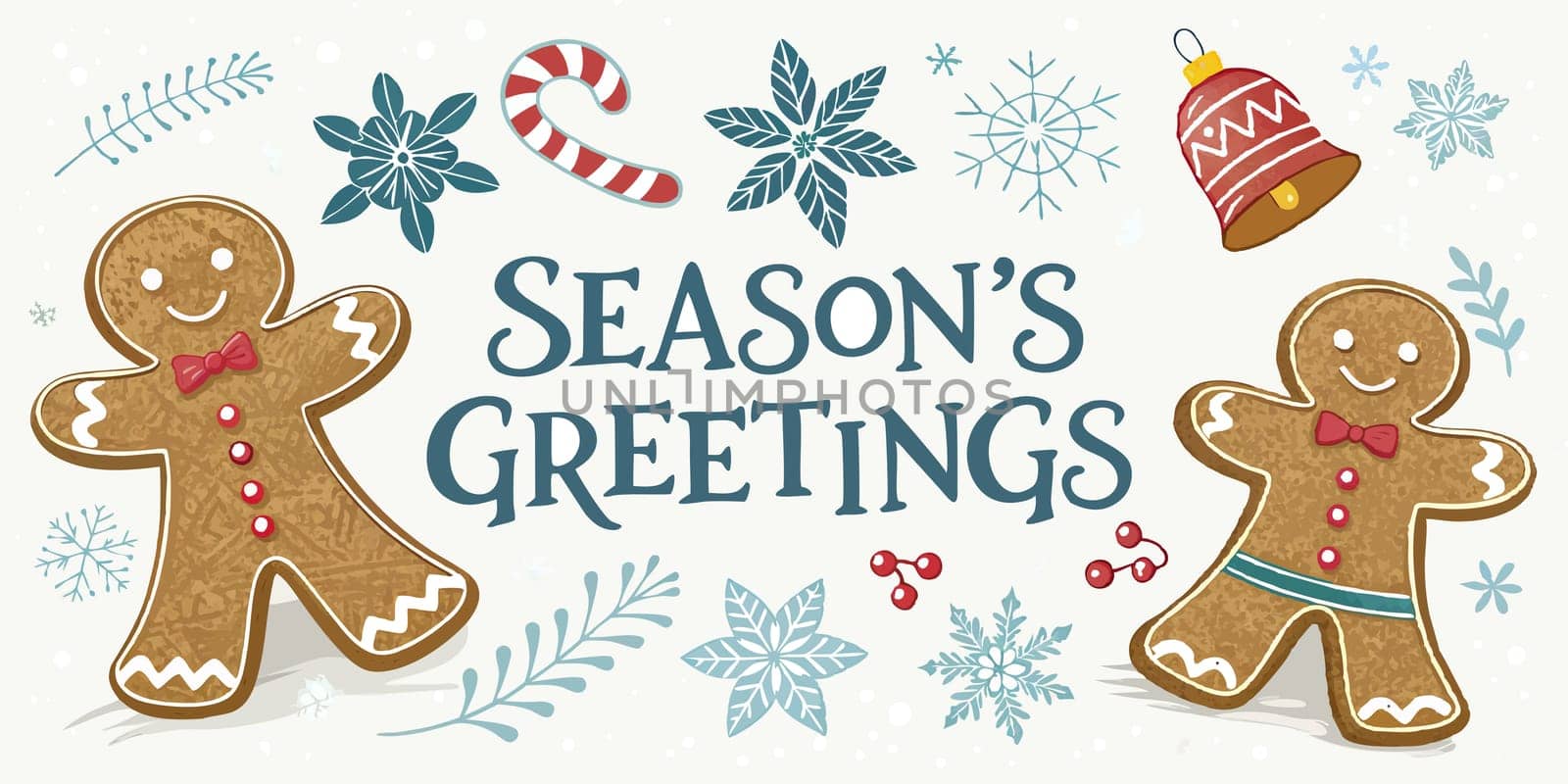 The phrase Seasons Greetings is centered on the card, framed by gingerbread men, snowflakes, and jingle bells, creating a cheerful and festive design.