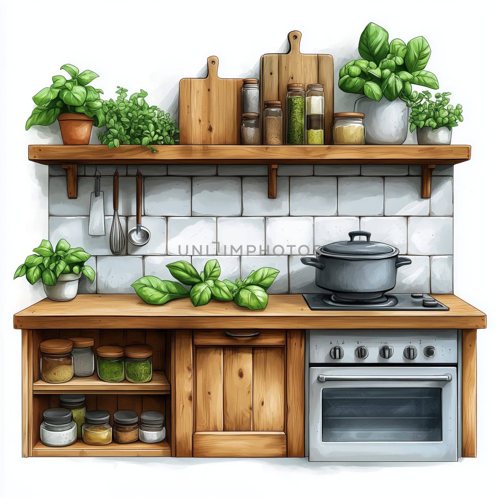 Illustration of a bright, cozy kitchen featuring potted herbs and plants on wooden shelves, creating a natural and inviting atmosphere.