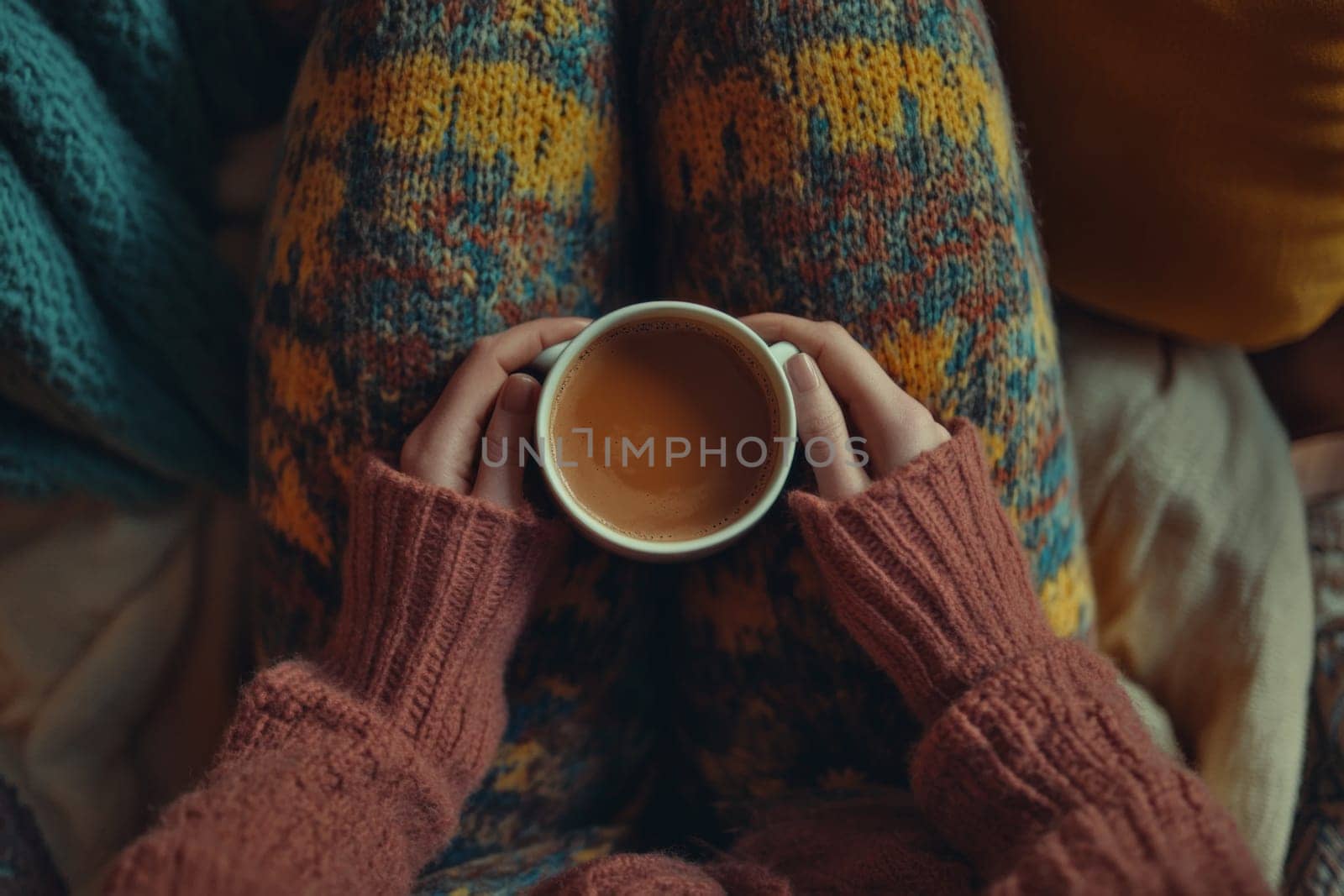 A cup of hot coffee is on the lap of a woman who is dressed in warm knitted clothes. A woman holds coffee in her hands and warms up in the winter season. High quality photo