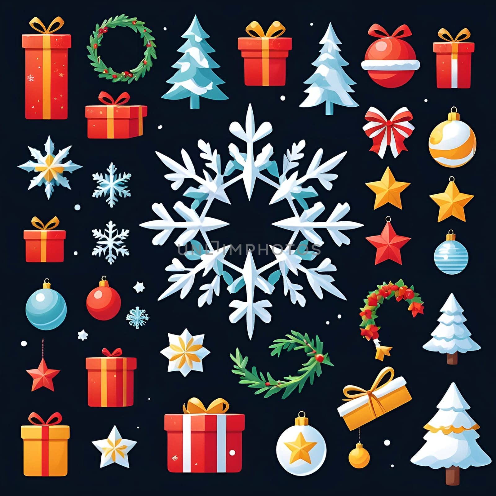 Christmas background. Set of icons on the theme of Christmas and New Year. Snowflakes, gifts, Christmas trees Santa Claus
