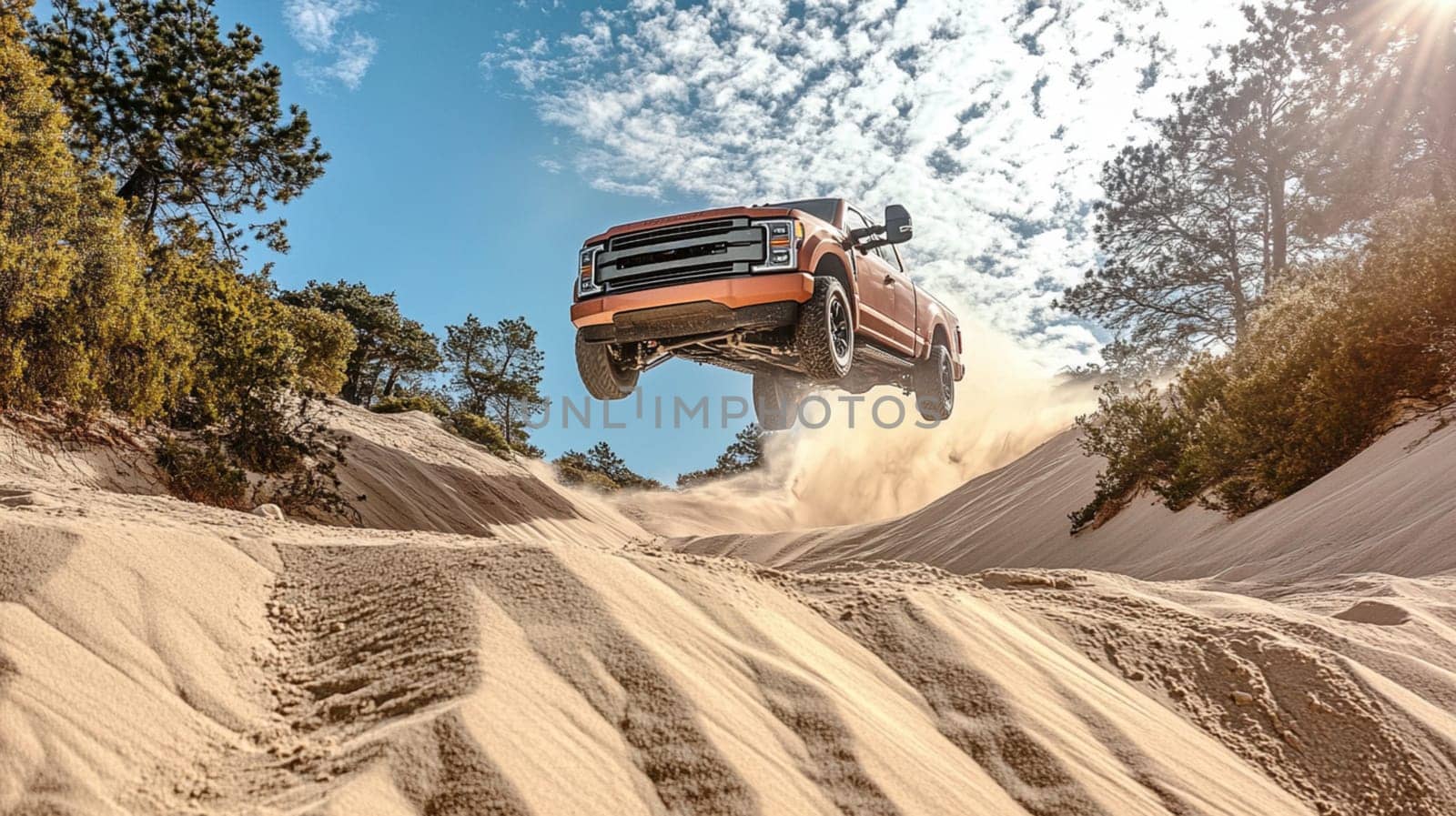 A powerful pickup truck soars over a sandy dune, kicking up dust while driving through a sunlit forested landscape, highlighting the excitement of off-road driving.