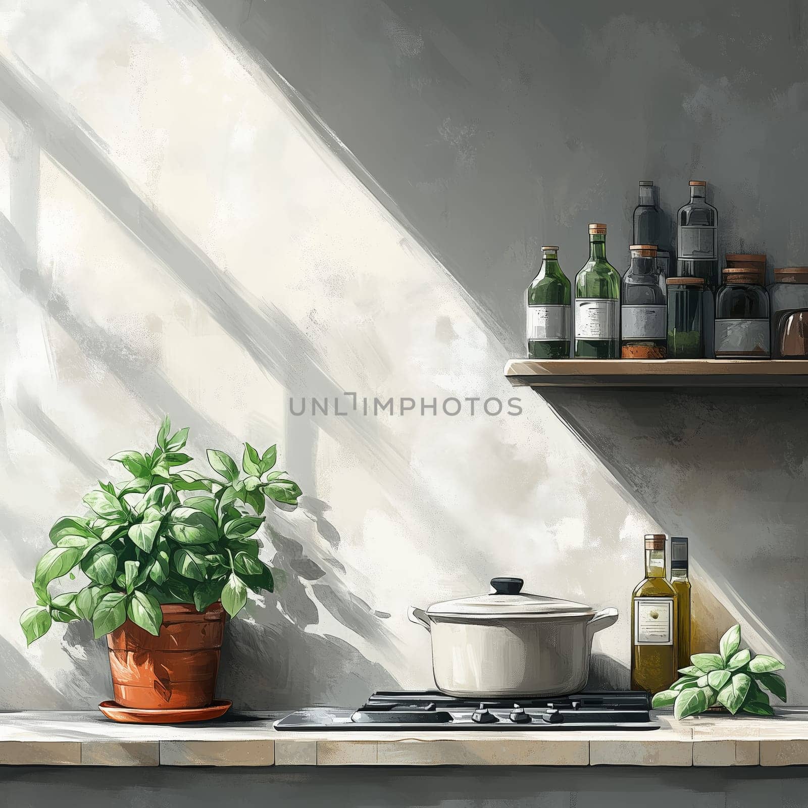 Illustration of a bright, cozy kitchen featuring potted herbs and plants on wooden shelves, creating a natural and inviting atmosphere.