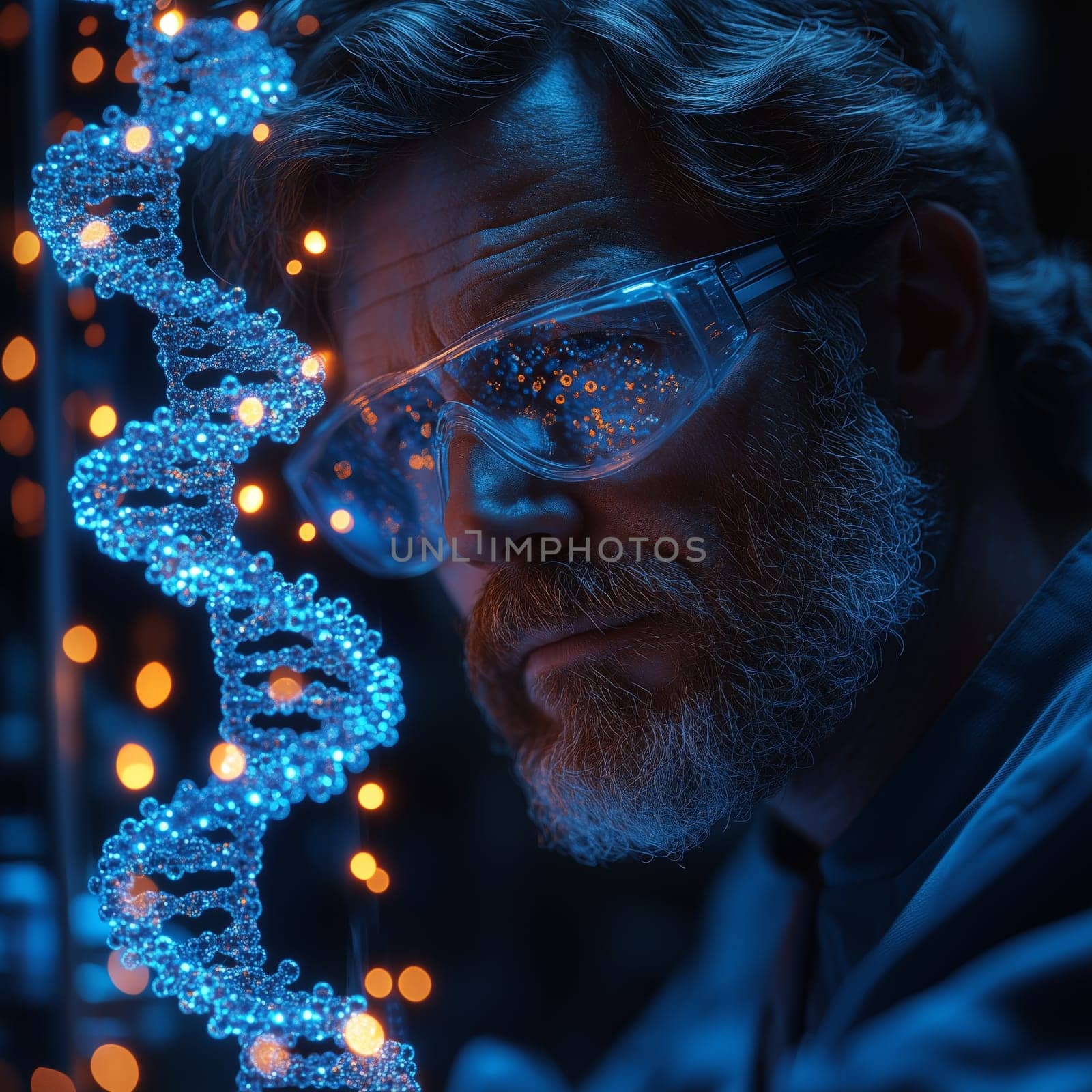 A focused scientist in a lab coat and goggles examining a glowing DNA helix in a futuristic laboratory setting, representing biotechnology and genetic research.