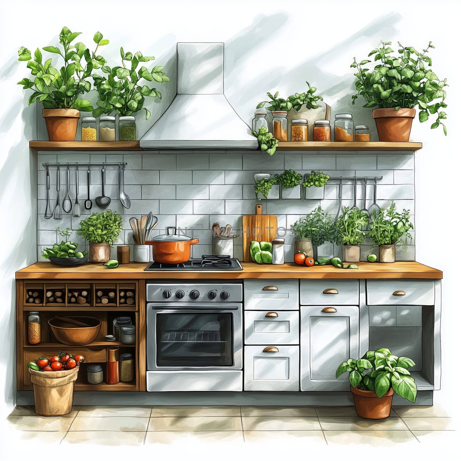 Illustration of a bright, cozy kitchen featuring potted herbs and plants on wooden shelves, creating a natural and inviting atmosphere.