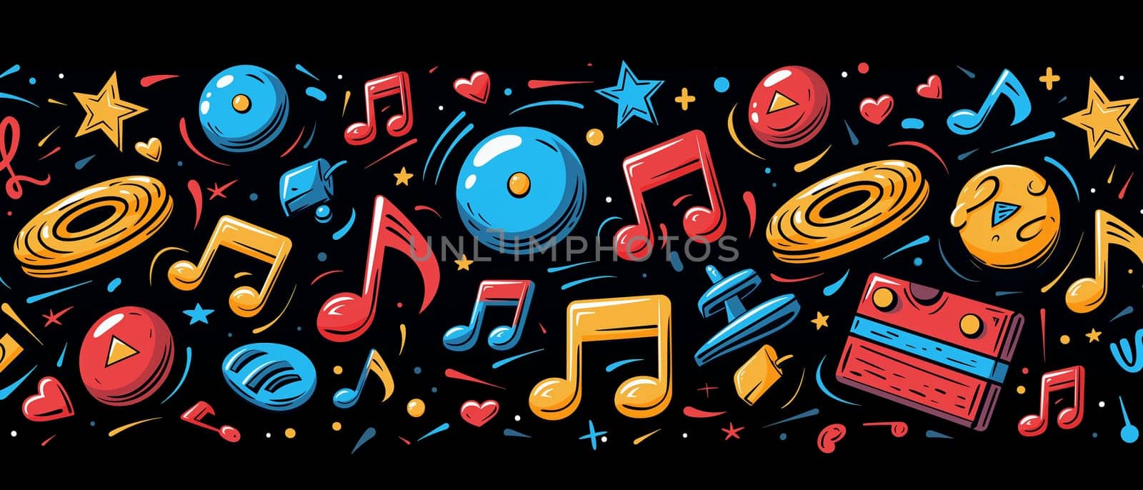 Abstract colorful musical background with notes. Selective focus.