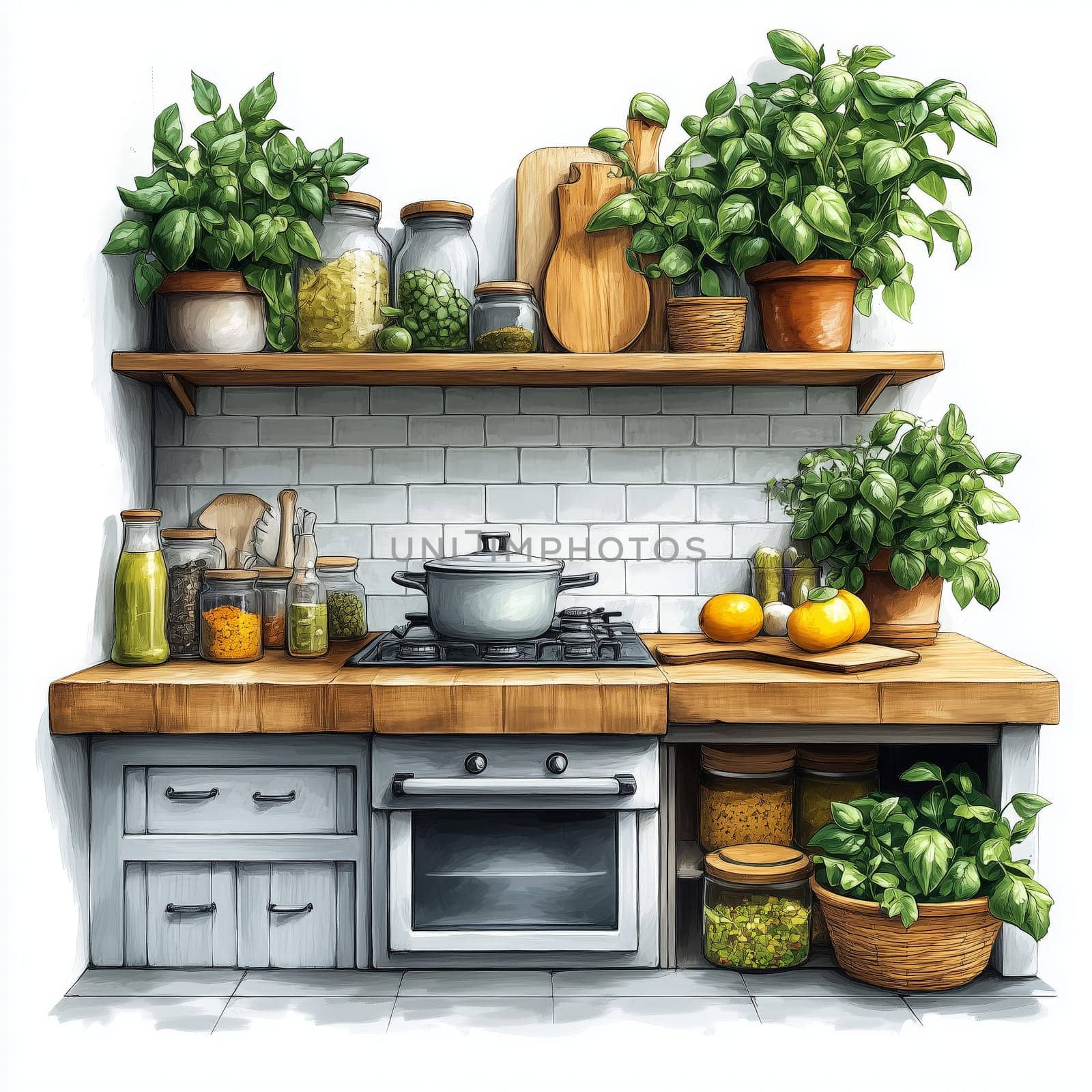 Illustration of a bright, cozy kitchen featuring potted herbs and plants on wooden shelves, creating a natural and inviting atmosphere.