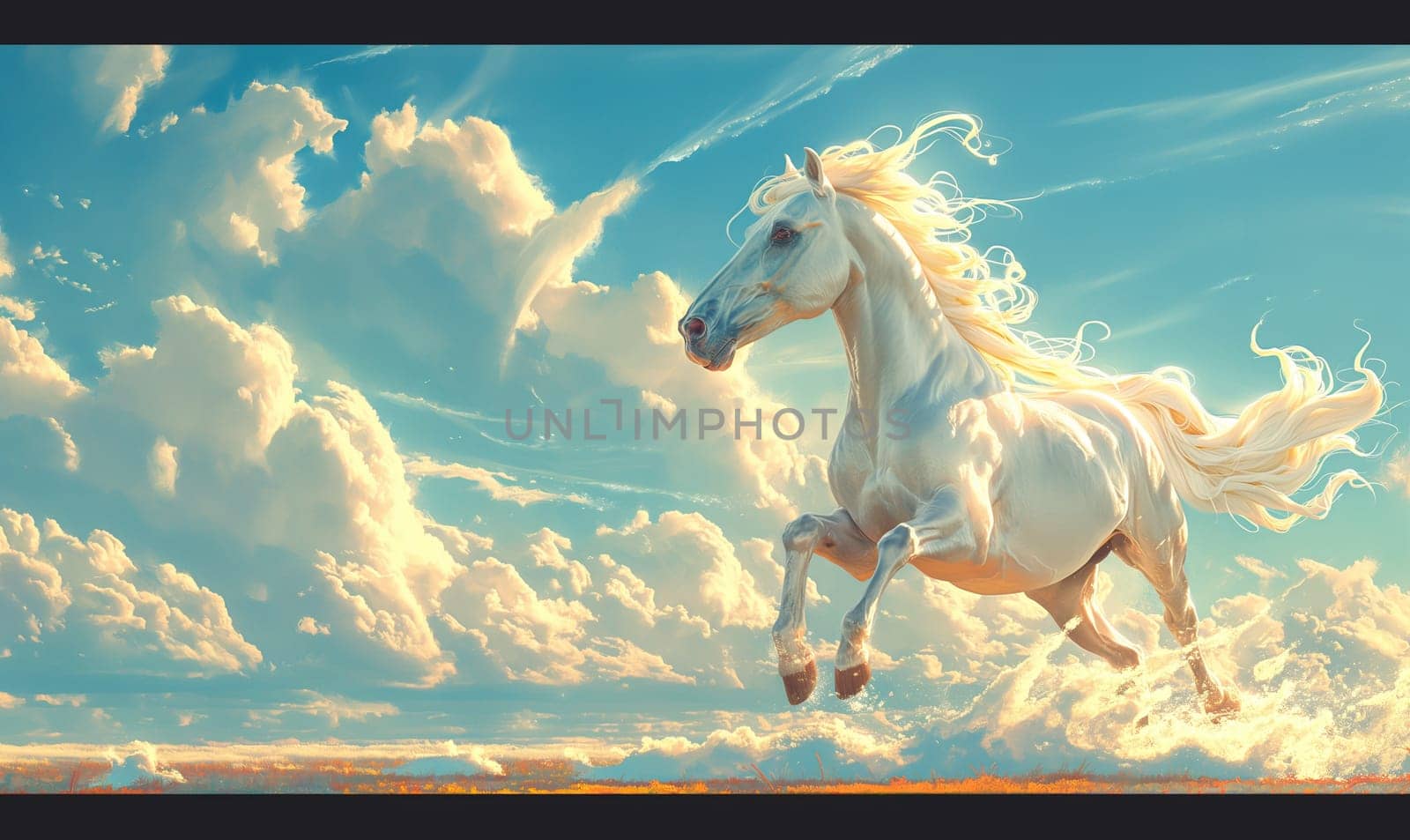 Illustration of white horse in field. Selective focus.