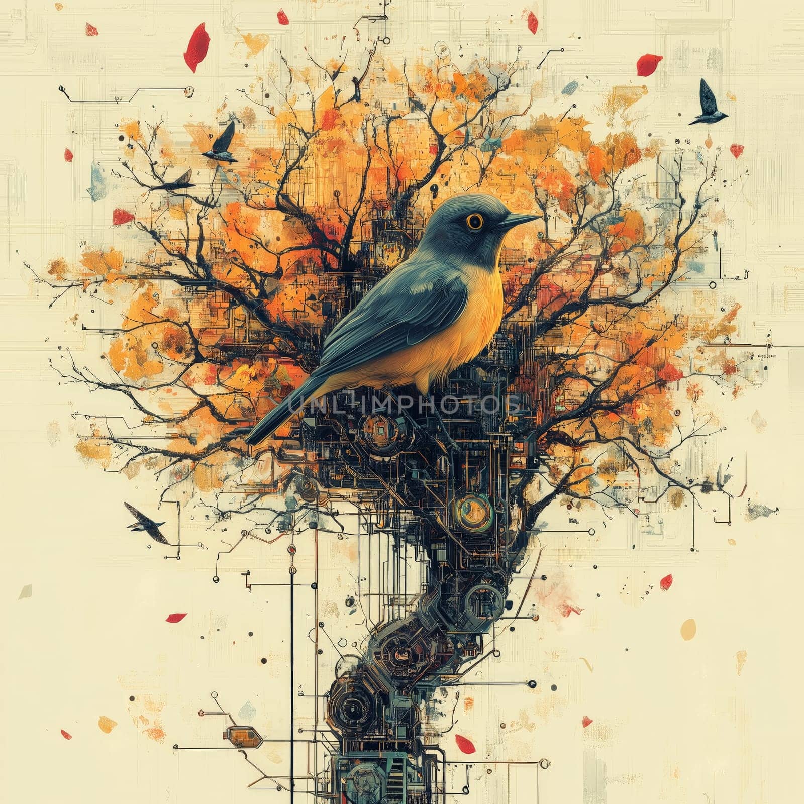 A surreal depiction of a vibrant tree intertwined with circuits and technology, surrounded by birds, symbolizing harmony between nature and innovation.