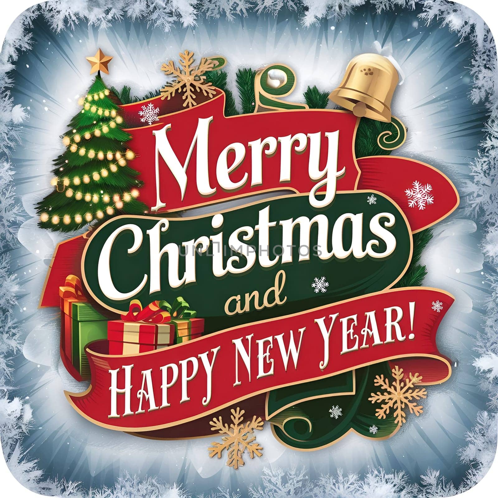 Multi-colored logo with inscription Merry Christmas and Happy New Year