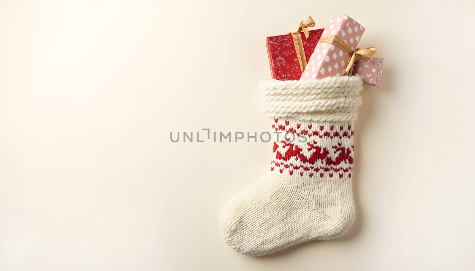 Festive Christmas stocking filled with gifts, ready for holiday cheer. High quality photo