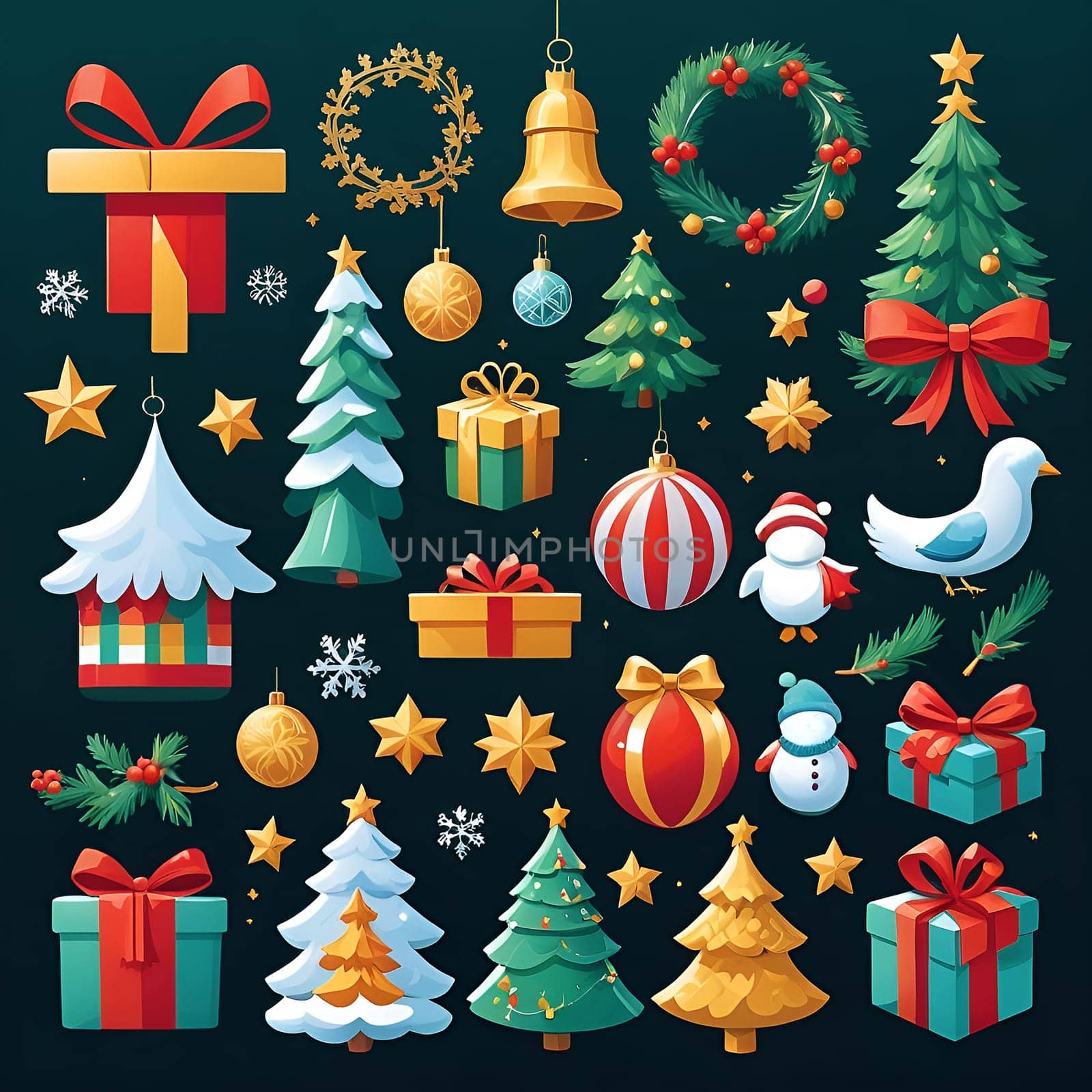 Christmas background. Set of icons on the theme of Christmas and New Year. Snowflakes, gifts, Christmas trees Santa Claus