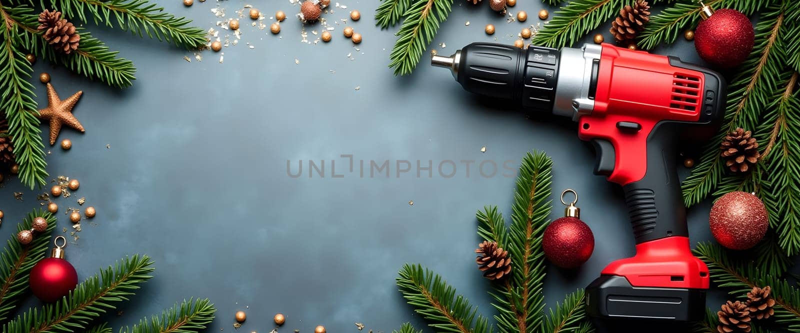 Screwdriver with Pine Branches and Festive Lights Creating a Cozy Christmas Atmosphere