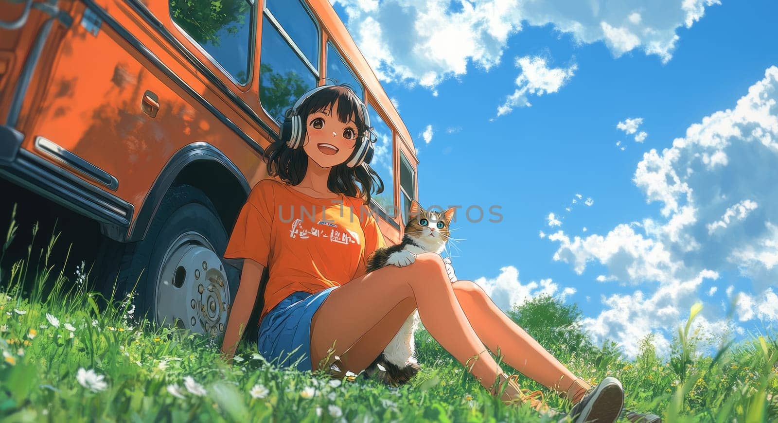 Sunny scene: cheerful young girl basking in sunshine with her beloved cat near vibrant yellow bus, capturing essence of youthful joy, carefree moments, comfort of furry friendship