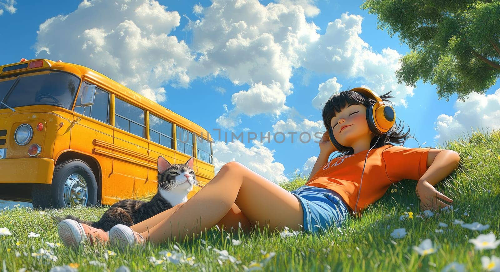 Sunny scene: cheerful young girl basking in sunshine with her beloved cat near vibrant yellow bus, capturing essence of youthful joy, carefree moments, comfort of furry friendship