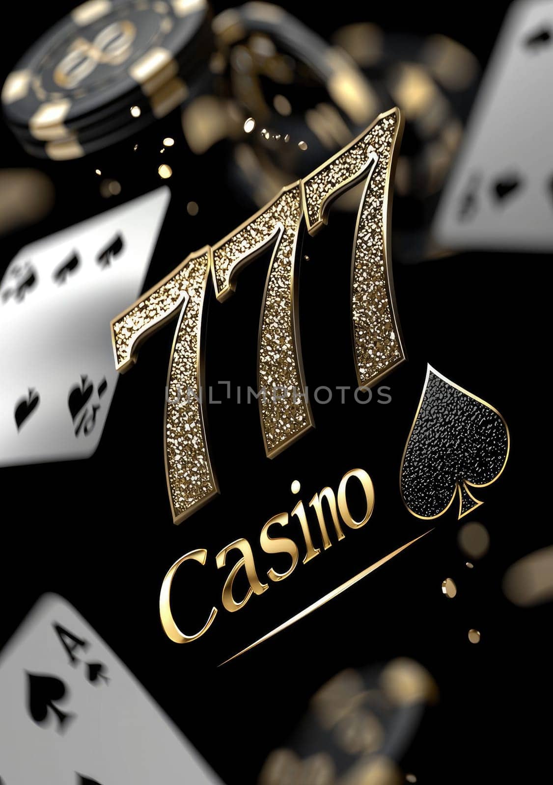 Gambling allure: a dynamic blend of casino elements featuring poker, roulette wheels, chips, and 777, capturing the essence of high-stakes gaming, strategic play, and the pursuit of fortune.