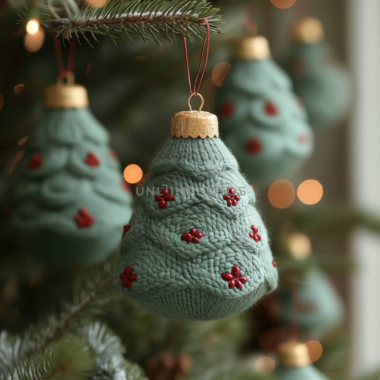 Knitted Christmas tree toys decorate Christmas tree. Selective focus.