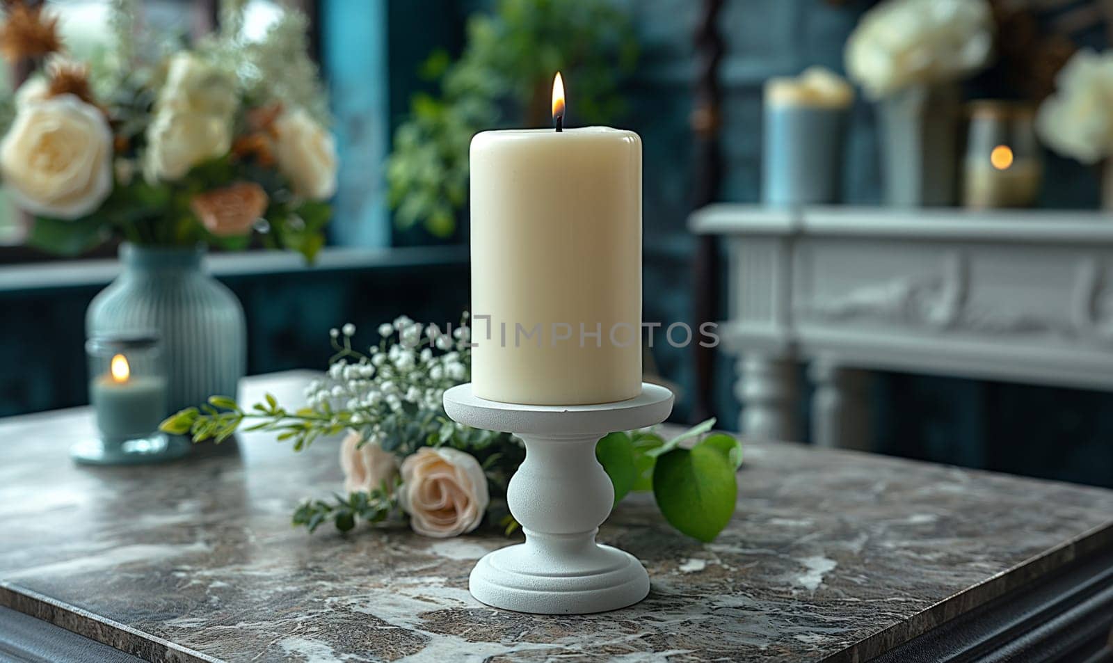 A white candle is on a table in a room. Selective focus.