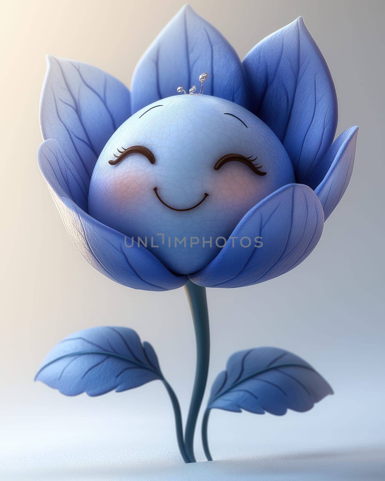 3d cartoon smiling flower on a colored background. Selective focus.