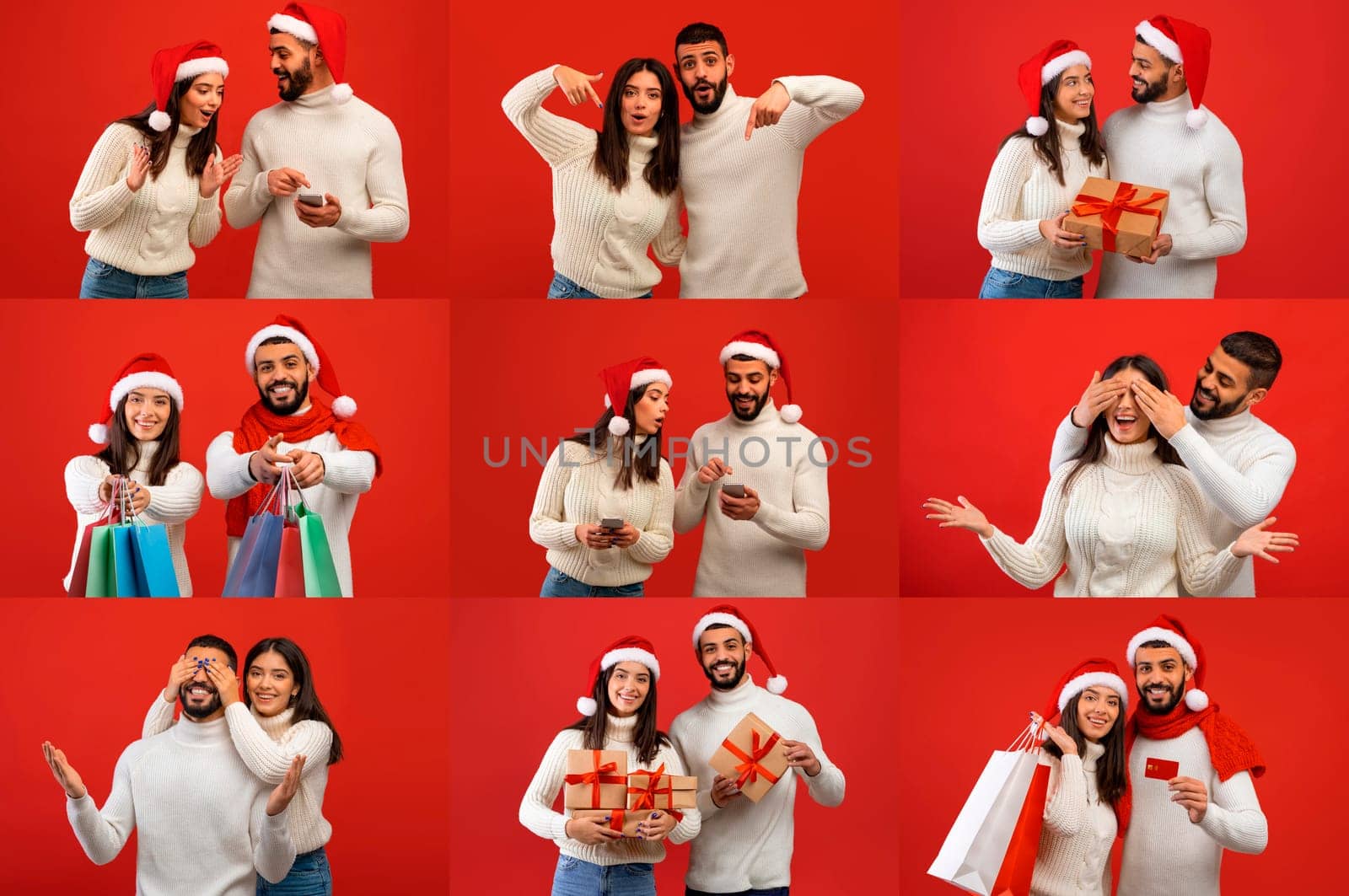A couple dressed in cozy sweaters and Santa hats share playful moments and gifts in a vibrant red setting. Their joyful expressions capture the spirit of love and celebration for the holidays.