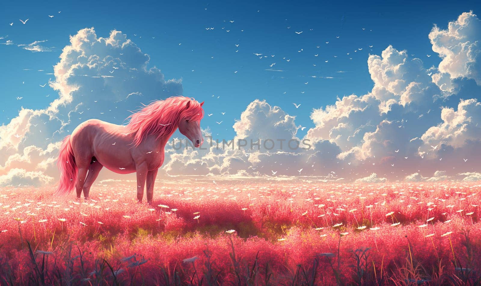 Illustration of pink horse in field. Selective focus.