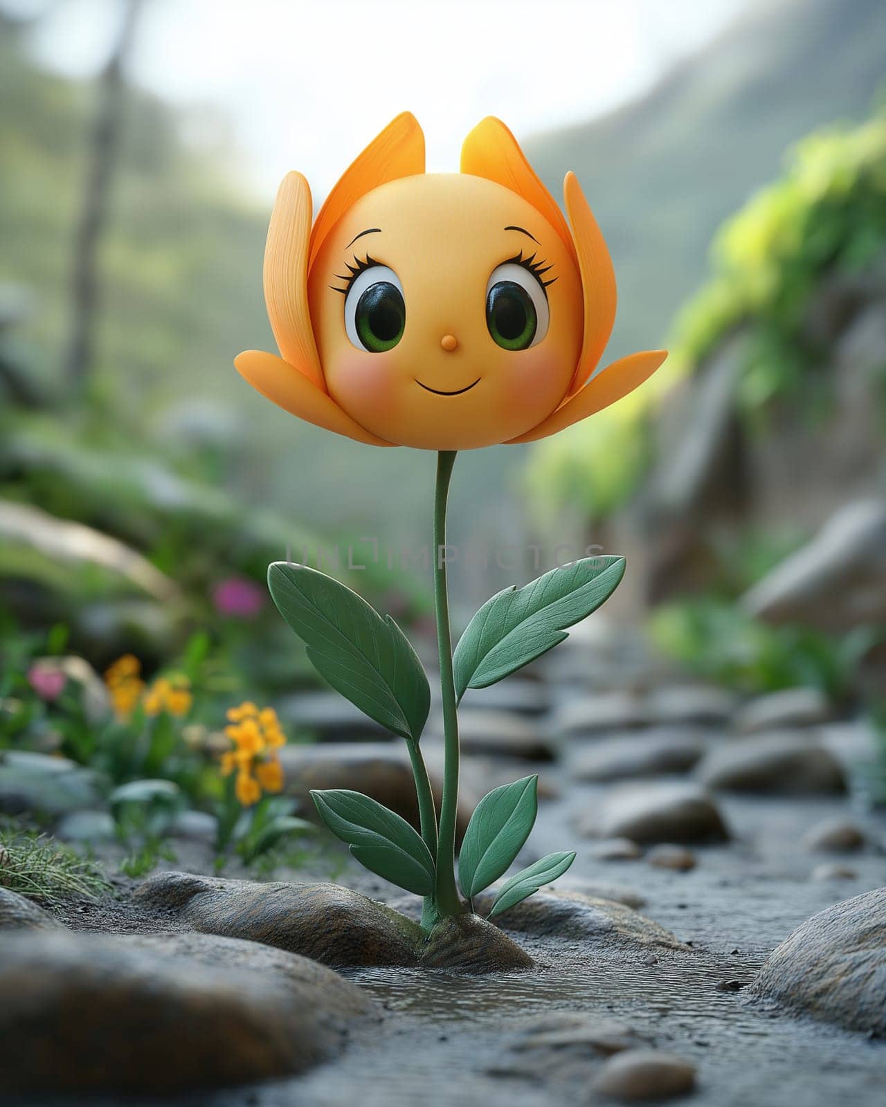 3d cartoon smiling flower on a colored background. Selective focus.