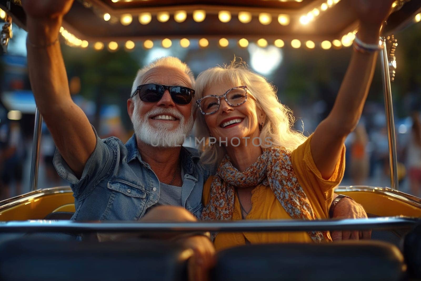 Senior Joy: relishing ride thrill, vintage excitement, amusement park fun, invigorating rush, vibrant energy, youthful pleasure, nostalgic adventure, exhilaration moment, timeless amusement